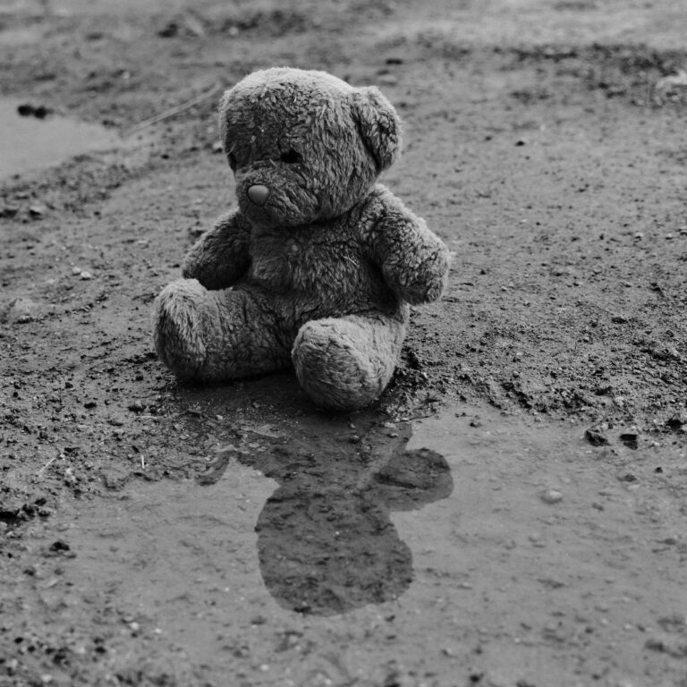 Black-and-white photo of a worn teddy bear sitting alone in muddy ground.