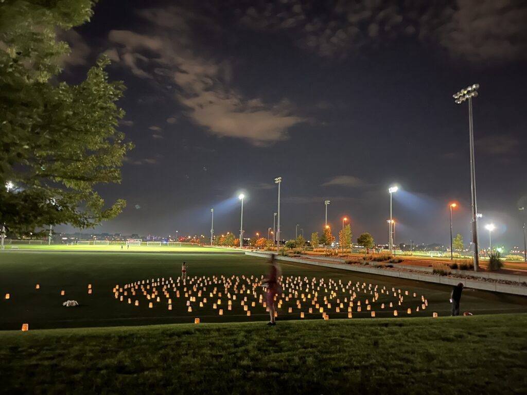 First JBG luminary labyrinth, honoring James Casey on the astroturf field at Dick’s