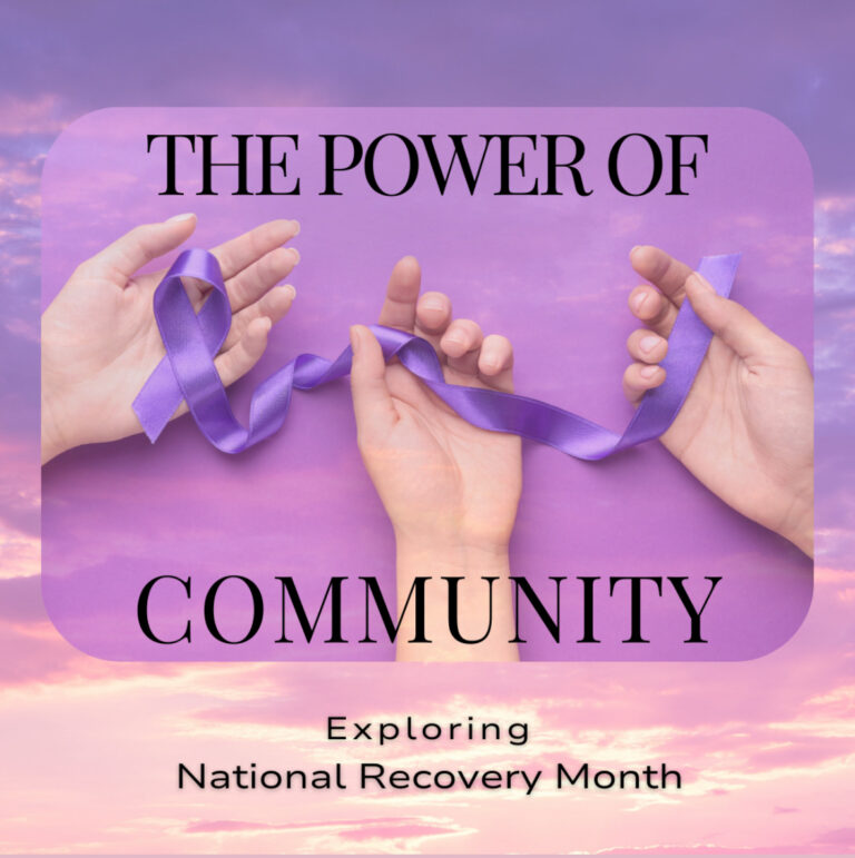 Graphic of three hands holding purple ribbons with the words “The Power of Community” and the subtitle “Exploring National Recovery Month.”